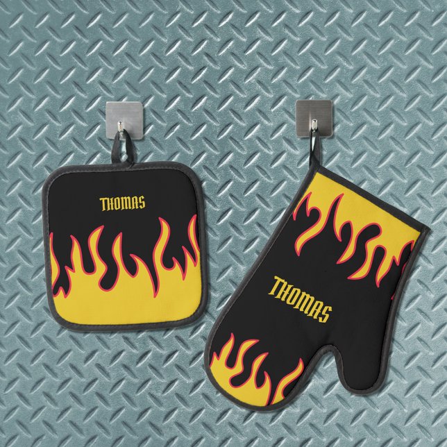 Yellow, Red and Black Flames Personalized Oven Mitt & Pot Holder Set (Creator Uploaded)