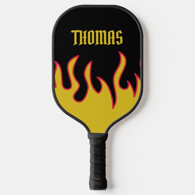 Yellow, Red and Black Flames Personalized Pickleball Paddle (Front)