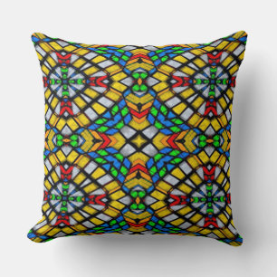 Yellow, Red and Blue Stained Glass Throw Pillow