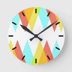 Yellow, red and cadet blue triangles round clock