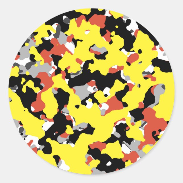 Yellow Red Black Grey Camouflage Camo Party Classic Round Sticker (Front)