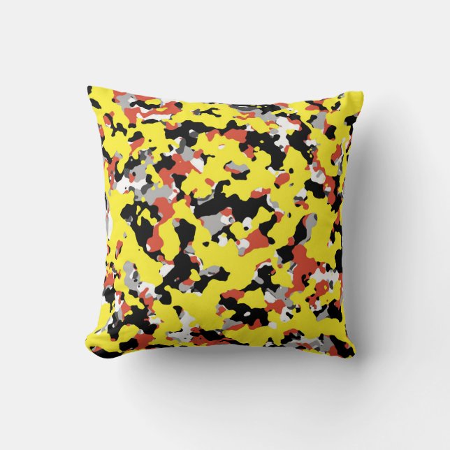 Yellow Red Black Grey Camouflage Camo Pattern Throw Pillow (Front)