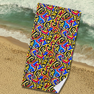 Yellow Red Black on Blue Graffiti Beach Towel