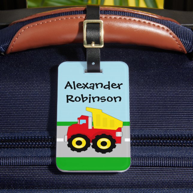 Yellow/Red Boys Dumptruck Construction Luggage Tag (Front Insitu 2)