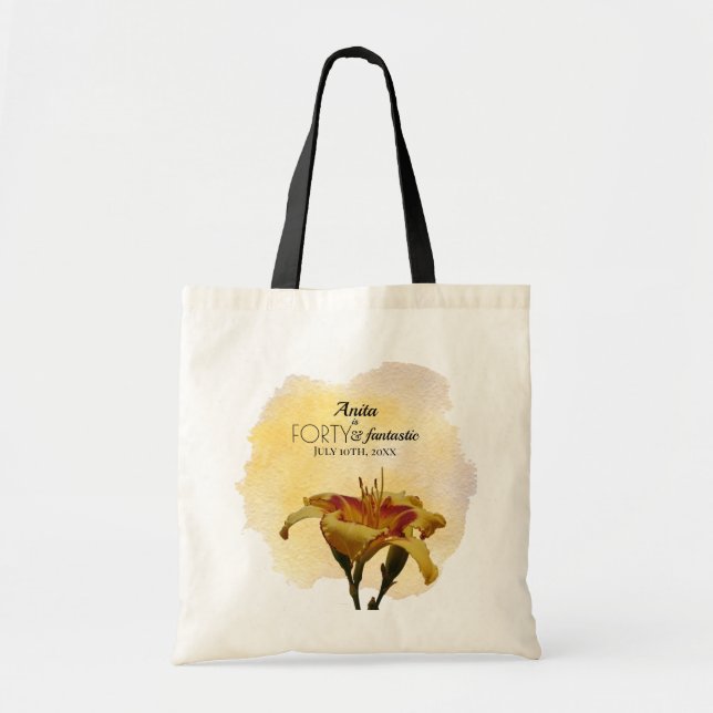 Yellow & Red Daylily Forty and Fantastic Birthday Tote Bag (Front)