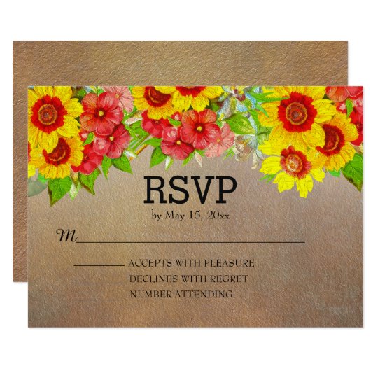 Yellow Red Floral on Brown Wedding RSVP Card