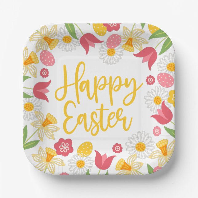 Yellow Red Floral Spring Easter Paper Plate (Front)