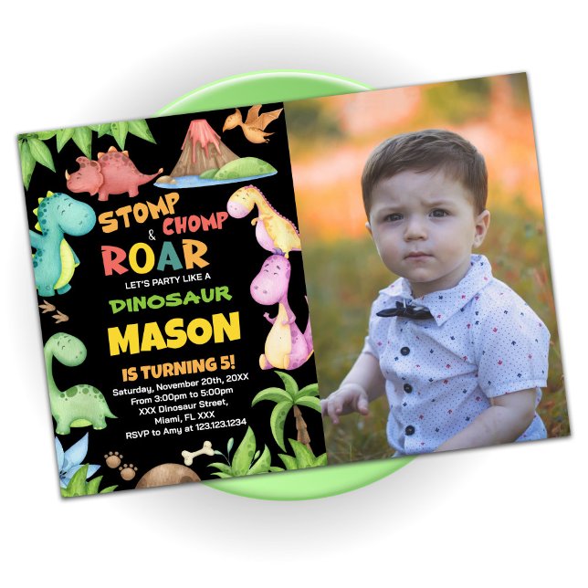 Yellow Red Green Dinosaur Birthday Photo Invitation (Yellow Red Green Dinosaur Birthday Photo Invitation)