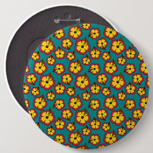 Yellow Red Hibiscus Tropical Flowers Pattern 6 Inch Round Button