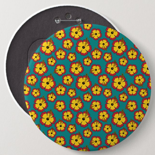 Yellow Red Hibiscus Tropical Flowers Pattern 6 Inch Round Button (Front & Back)