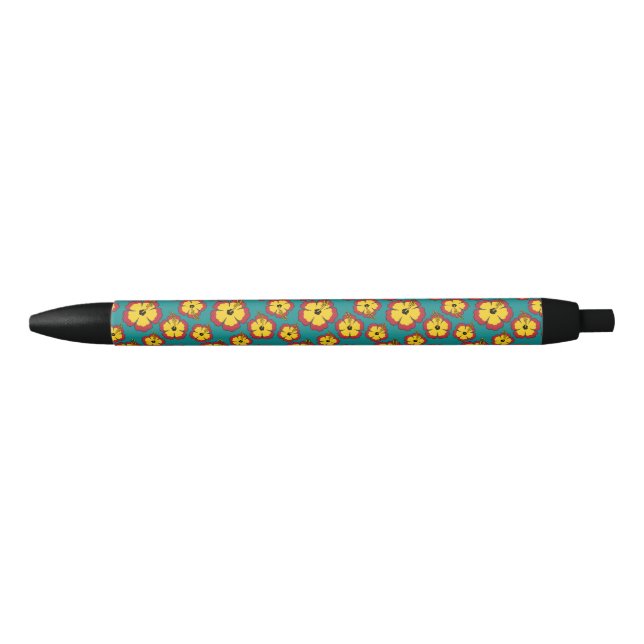 Yellow Red Hibiscus Tropical Flowers Pattern Black Ink Pen (Front)
