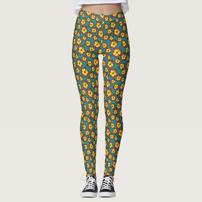 Yellow Red Hibiscus Tropical Flowers Pattern Leggings (Front)