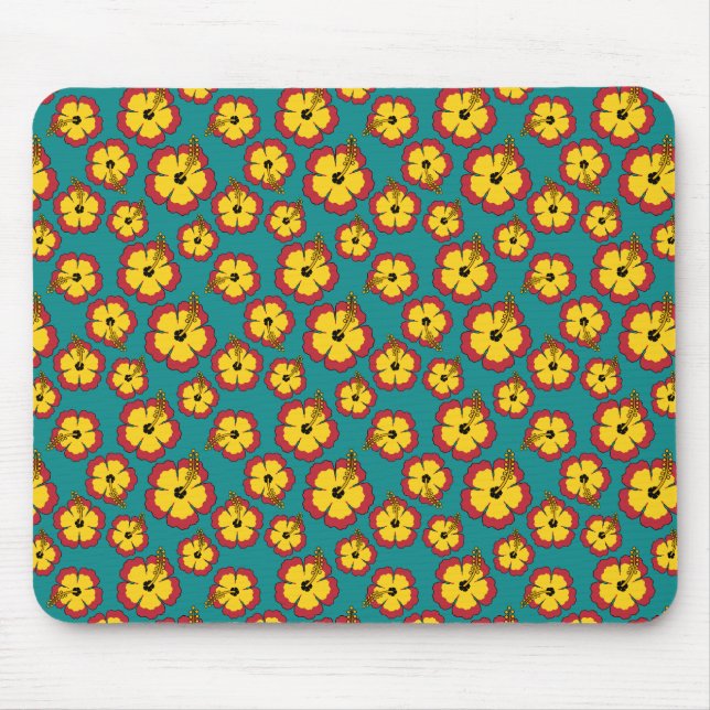 Yellow Red Hibiscus Tropical Flowers Pattern Mouse Pad (Front)