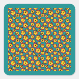 Yellow Red Hibiscus Tropical Flowers Pattern Square Sticker