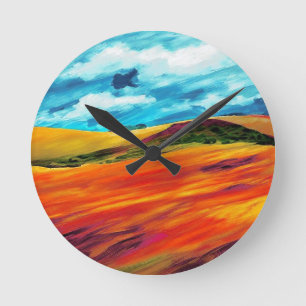 Yellow Red Hills Round Clock