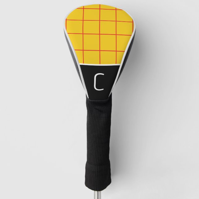 Yellow & Red Minimal Simple Plaid Pattern Print Golf Head Cover (Front)