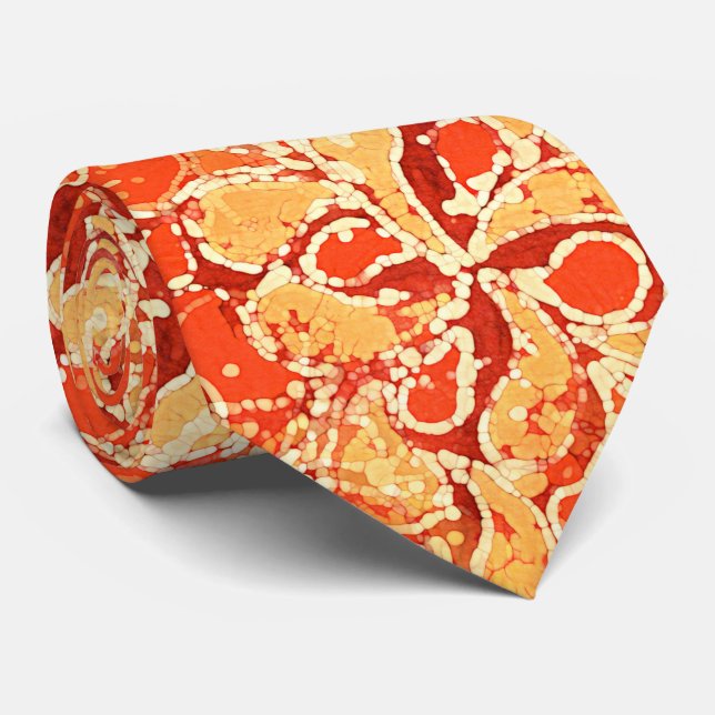 Yellow Red Orange Bali Batik Style Paisley Pattern Tie (Rolled)