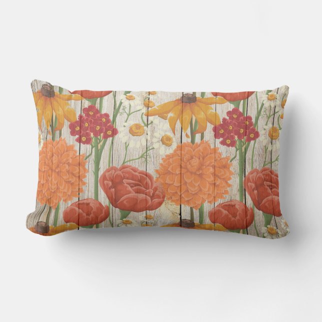 Yellow Red Orange White Floral on Rustic Wood Lumbar Pillow (Front)