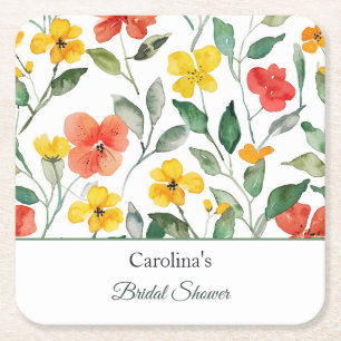 Yellow Red Peach Flowers Bridal Shower Square Paper Coaster