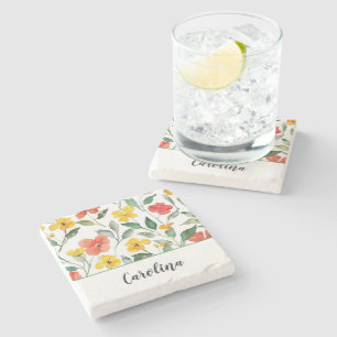 Yellow Red Peach Flowers Stone Coaster