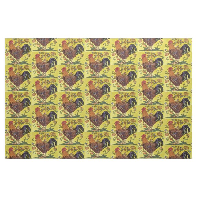 Yellow Red Rooster Chicken Tiled Folk Art Fabric (Fat Quarter)