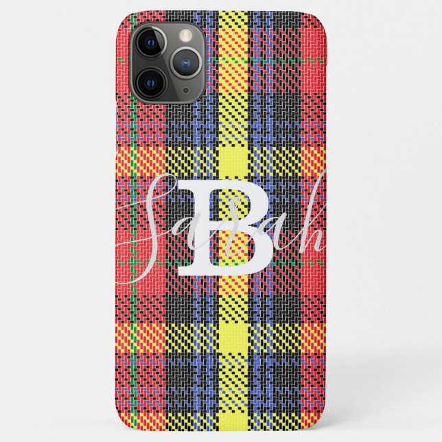 Yellow & Red Tartan Chequered Monogram Name Case-Mate iPhone Case (Back)