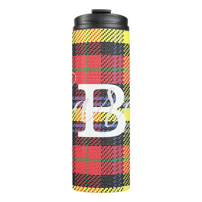 Yellow & Red Tartan Chequered Monogram Name Thermal Tumbler (Front)