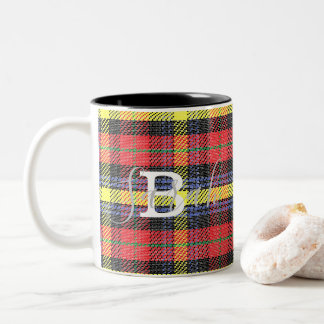 Yellow & Red Tartan Chequered Monogram Name Two-Tone Coffee Mug