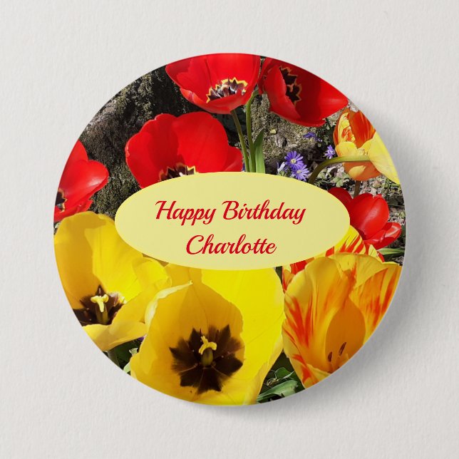 Yellow & Red Tulips Birthday  3 Inch Round Button (Front)