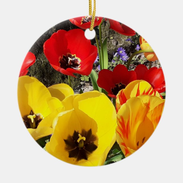 Yellow & Red Tulips Ceramic Ornament (Front)