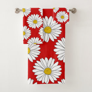 Yellow Red White Daisy Pattern Bath Towel Set