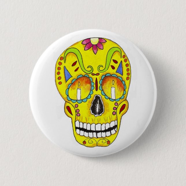 Yellow Remembrance Sugar Skull 2 Inch Round Button (Front)