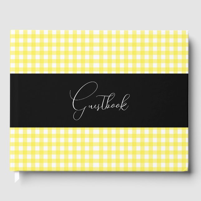 Yellow Retro Chequered Pattern Wedding Guest Book (Front)