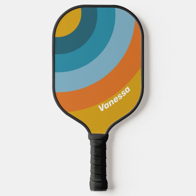 Yellow Retro Circle Stripe with Name Pickleball Paddle (Front)