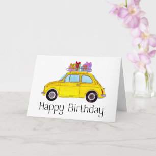 Yellow Retro Fiat 500 Birthday Card