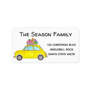 Yellow Retro Fiat 500 with Christmas gifts Label