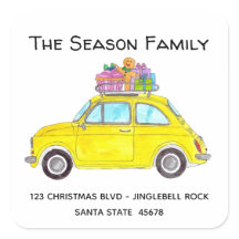 Yellow Retro Fiat 500 with Christmas gifts