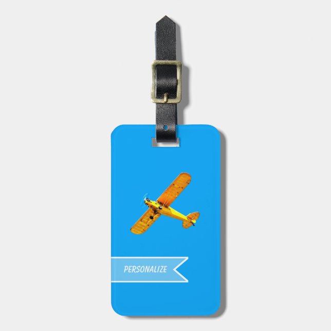 Yellow Retro Flyer Airplane With Name Luggage Tag (Front Vertical)