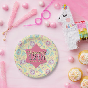 Yellow Retro Gaming Virtual Pet Birthday Paper Plate