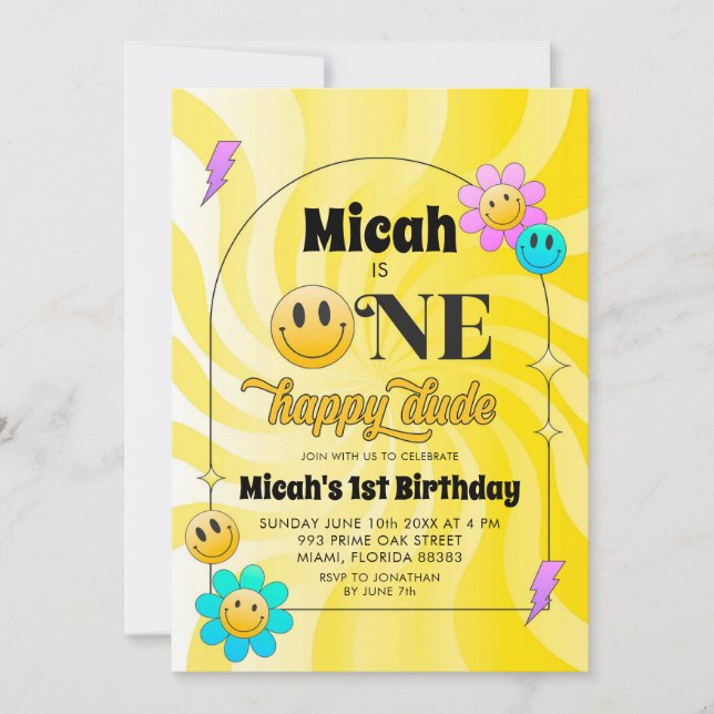 Yellow Retro One Happy Dude Birthday Invitation (Front)