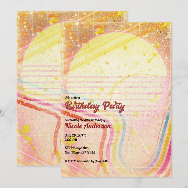 Yellow Retro Vintage 80's Theme Birthday Party  Invitation (Front/Back)