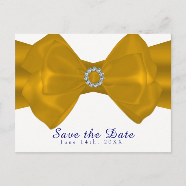 Yellow Ribbon Bow & Diamonds Elegant Save the Date Announcement Postcard (Front)