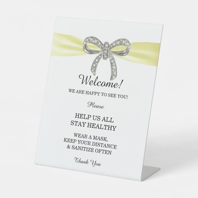 Yellow Ribbon Diamond Bow Wedding Safety  Pedestal Sign (Front)