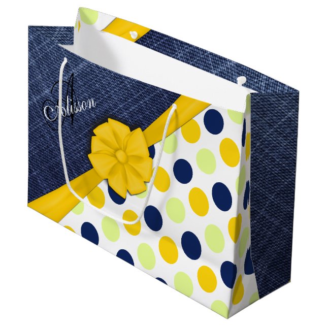 Yellow Ribbon, Jeans Fabric, Dots Pattern Monogram Large Gift Bag (Front Angled)