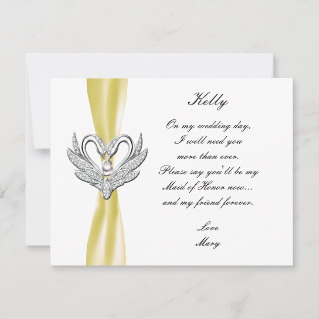 Yellow Ribbon Silver Swans Maid Of Honour Card (Front)