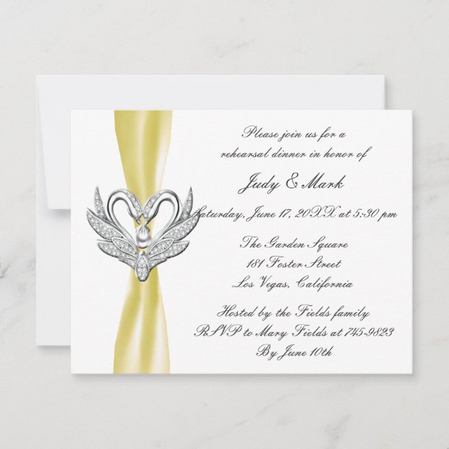 Yellow Ribbon Silver Swans Rehearsal Dinner Invite (Front)