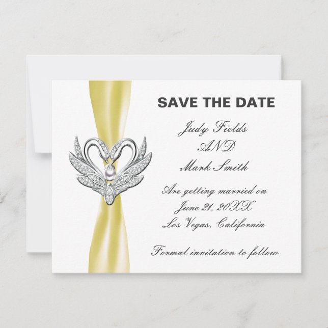 Yellow Ribbon Silver Swans Save The Date Card (Front)