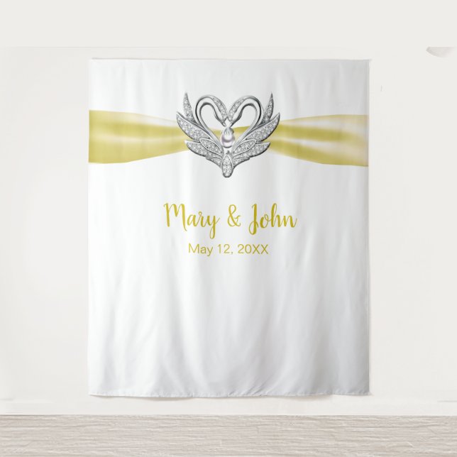 Yellow Ribbon Silver Swans Wedding Backdrop Tapestry (Front)