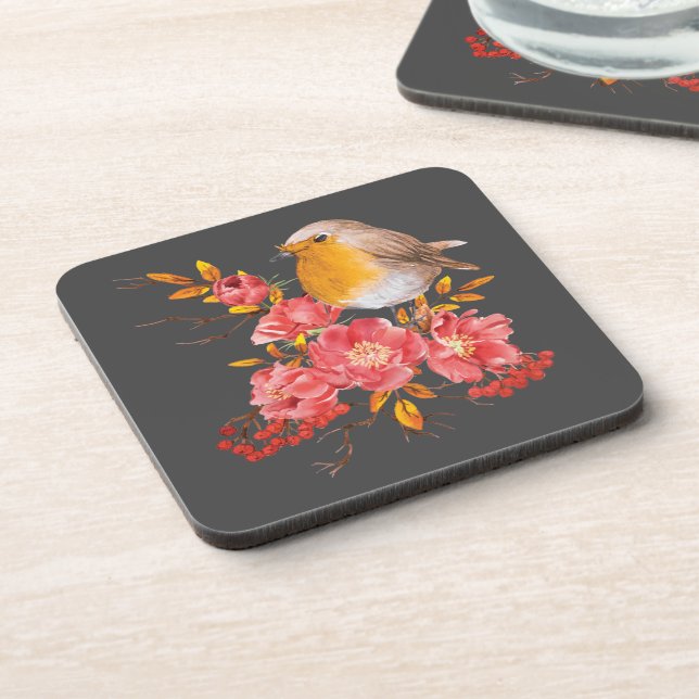 Yellow robin and red poppies  coaster (Left Side)