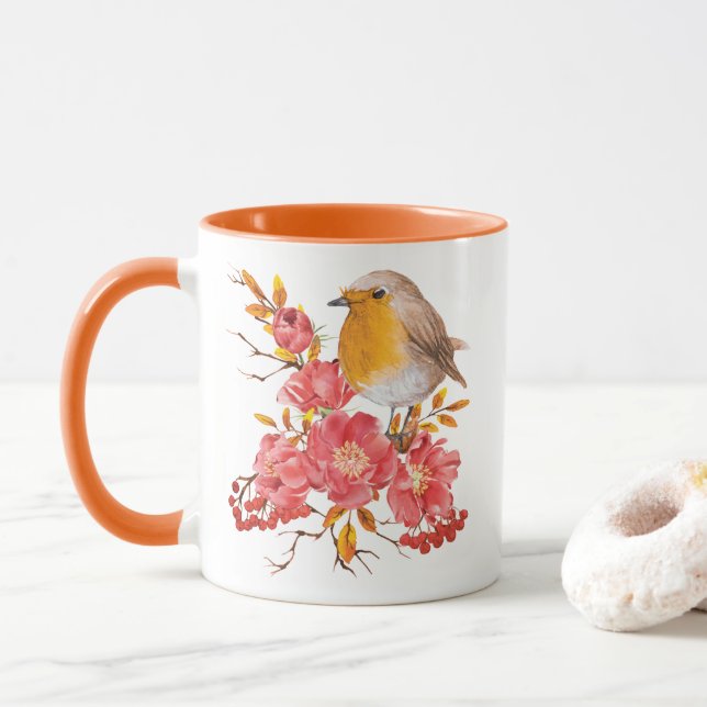 Yellow robin and red poppies  mug (With Donut)